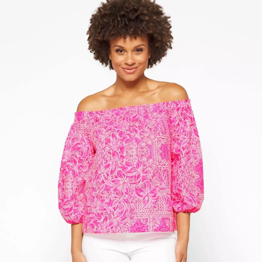 LILLY PULITZER Pink Floral Off-Shoulder Winifred Pinanta Medium New